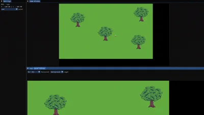 Earlier Blossom editor showing a two-dimensional scene of trees in two viewports.